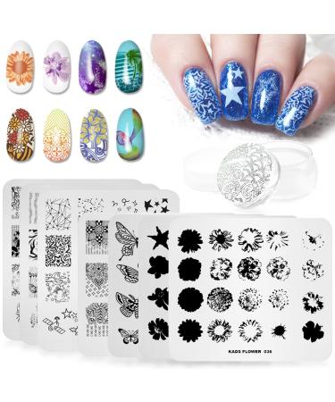 KADS 7/6PCS Nail Art Stamp Plates Flower Butterfly Ocean Print Manicure Templates with 1 piece of Polish Stamper (7 Plates+1 Stamper)