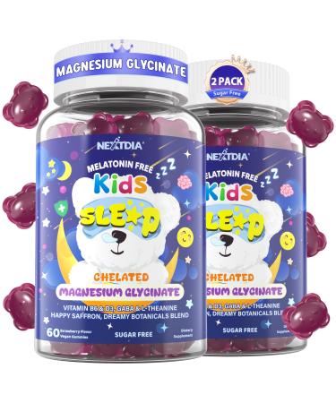 Kids Magnesium Sleep Gummies Sugar Free Magnesium Glycinate Malate & Citrate w/Saffron GABA L-Theanine & Herbs No Melatonin - Natural Bedtime Calm & Sleep Aid for Relaxation Brain Muscle 2Pack