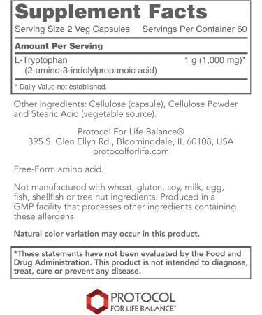 Protocol For Life Balance L-Tryptophan 500 mg - 120 Veg Capsules | Buy Internationally for Mood Support & Sleep Aid - Buy Online on GoSupps.com