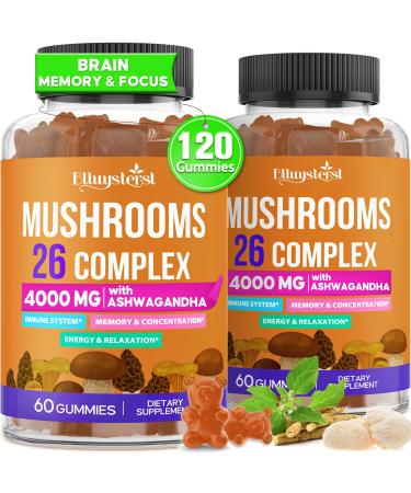 Mushroom Gummies for Adults 4000mg Brain Supplements for Memory and Focus 26 in 1 Mushroom Supplement Complex with Ashwagandha & Lion's Mane Turkey Tail Reishi Cordyceps Organic 120 Count