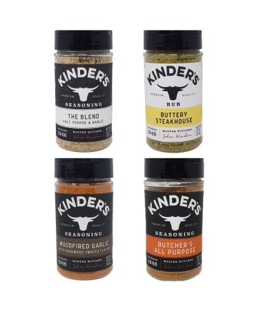 Kinders Premium Quality Seasoning Variety Pack - Woodfired Garlic (9.5 oz), Butchers All Purpose (9.4 oz), The Blend (10.5 oz), and Buttery Steakhouse (9.5 oz) - Bulk Kinders Seasoning - 38.9 oz Total