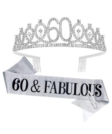 Tihebax 60th Birthday Sash and Tiaras for Women  60th Birthday Decorations Women Fabulous Sash and Crown for Women 60 & Fabulous Birthday Gifts for Happy 60th Birthday Party Favor Supplies (Silver)