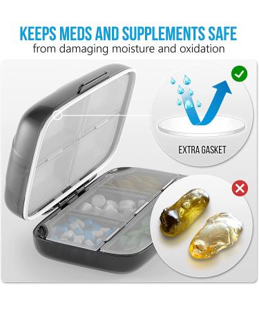 Pill Organizer Airtight Box Large Dispenser | 8 Compartment Travel Supplement Holder | Portable Vitamin Sorter | Daily Medicine Container - Black - Buy Online on GoSupps.com