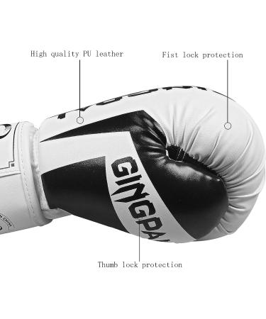 GINGPAI Leather Boxing Gloves for Men & Women | Punching Bag Kickboxing Muay Thai Gloves 8oz in White Black | Premium Quality - Buy Online on GoSupps.com