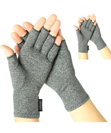 Vive Arthritis Gloves (2 Pairs) - Men Women Rheumatoid Compression Hand Glove for Osteoarthritis - Arthritic Joint Pain Relief - Carpal Tunnel Wrist Support - Open Finger Fingerless Thumb for Typing Gray Small
