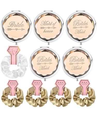 Pack of 5 Compact Pocket Makeup Mirrors Set Include 1 Bride Mirror 1 Maid of Honor Mirror 3 Bridesmaid Mirrors And 5 Pack Hair Ties for Bachelorette Party Bridesmaid Proposal Gifts . (Champagne)