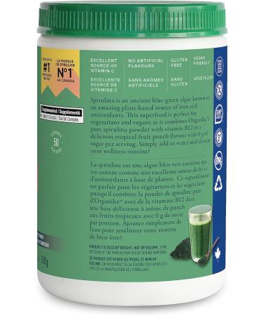 Organika Spirulina + B12 Powder - Tropical Fruit Punch Flavour- Sugar Free Superfood Plant Based Source of B12 (250mcg) and Protein High in Antioxidants and Vitamins + Minerals- 300g - Buy Online on GoSupps.com