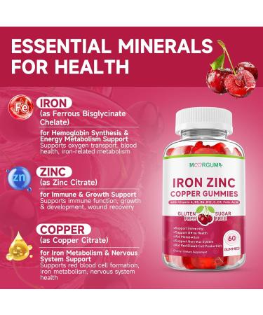 Iron Zinc Copper Supplements for Women & Men Mineral Gummies with Vitamin A B5 B6 C D3 B12 for Adults & Kids Boost Energy Support Immunity & Bone Health Sugar Free Cherry Flavor 120 Count - Buy Online on GoSupps.com