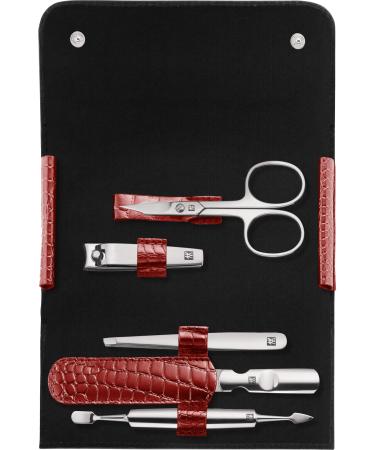 ZWILLING Manicure Set Pedicure Kit with Stainless Steel Cowhide Leather Crocodile Edition 5 Pieces Red