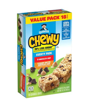 Quaker Chewy Granola Bars, 25% Less Sugar, 2 Flavor Variety Pack, (18 Pack)