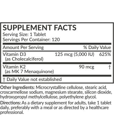 Futurebiotics Vitamin K2 with D3 2 in 1 Support 5000 IU Vitamin D3 & 90 mcg Vitamin K2 MK-7 Non-GMO 120 Tablets 120 Count (Pack of 1) - Buy Online on GoSupps.com