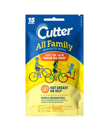 Cutter All Family Mosquito Wipes, 1 pack, 15 Wipes, With 7.15 Percent DEET Pack of 1