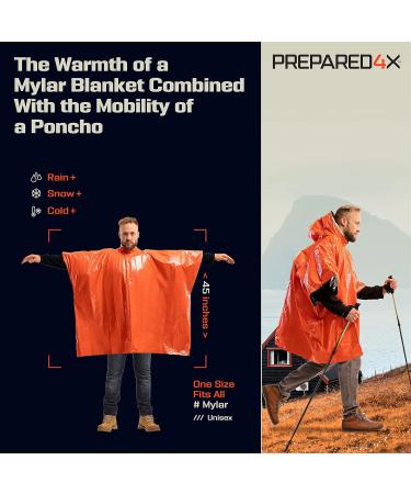 PREPARED4X Emergency Rain Poncho with Mylar Blanket Liner 10 Pack - Heavy Duty Waterproof Survival Blankets for Car, Camping Gear - Tactical Prepper Supplies (Orange) - Buy Online on GoSupps.com