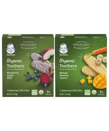 Gerber Organic Teethers Variety Pack, 1 Mango Banana Carrot, 1 Blueberry Apple Beet, 48 wafers