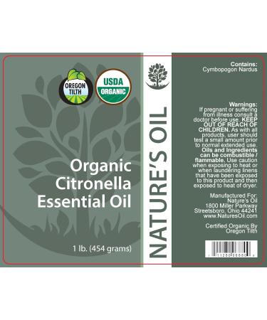 Buy Nature's Oil 1Lb Certified Organic Citronella Essential Oil - Premium Quality International Shipping Available - Buy Online on GoSupps.com