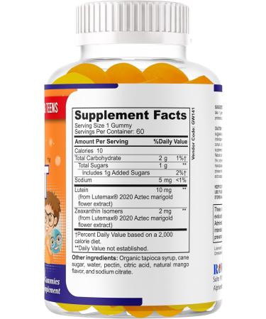 ROVita Lutein Zeaxanthin Gummies for Kids & Teens Eye Nutrient Gummies with 10mg Lutein & 2mg Zeaxanthin Vegan Non-GMO Mango Flavor 60 Gummies - Buy Online on GoSupps.com