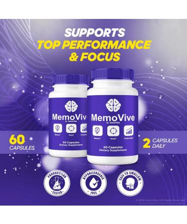 MemoVive Memo Vive Brain and Memory Support with Natural Ingredients | Memory & Concentration Formula for Focus Clarity Alertness & Performance | Easy-to-Take Pills (60 Capsules) - Buy Online on GoSupps.com