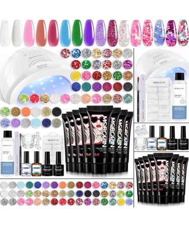 Morovan poly gel starter set - 8 colors gel nails yourself set with 48 glitter for nails and UV lamp poly nail gel for the extension of natural nails nail art blue