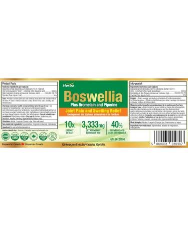 Herba Boswellia Serrata Capsules with Bromelain Supplement 120 Boswellia Capsules | 3 330mg 10:1 Boswellia Extract with Black Pepper - Extra Strength | Relieves Joint Pain and Swelling | Made in Canada - Buy Online on GoSupps.com