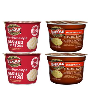 Idahoan Microwavable Instant Mashed Potatoes Variety Bundle: (2) Buttery Homestyle 1.5oz/ea and (2) Loaded Baked 1.5oz/ea (4 Pack Total) - Gluten Free