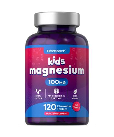 Magnesium Tablets for Kids | 100mg | 120 Chewable Tablets | Berry Flavour Vegan Supplement | by Horbaach