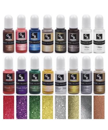 GR Metallic Alcohol Ink Set -16 Metallic Colors Alcohol Based Ink for Resin Art, Fluid Art,Resin Craft,Resin Petri Dish,Alcohol Ink Paint for Yupo,Tumbler