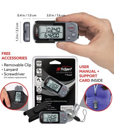 3DTriSport Walking 3D Pedometer with Clip and Strap + Free eBook | Step, Distance, Calorie Counter & More - Grey/Black - Buy Online on GoSupps.com