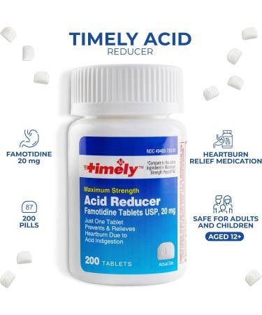 Timely Acid Reducer Famotidine 20mg - 200 Tablets | Effective Heartburn Relief for Adults & Kids | Compare to Maximum Strength Pepcid AC - Buy Online on GoSupps.com