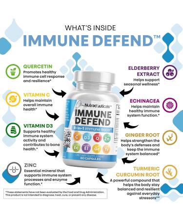 Immune Defense Support Supplement 8 in 1 w/ Zinc 50mg Quercetin Vit C 1000mg Vitamin D3 5000 IU Elderberry Turmeric Curcumin Ginger Echinacea - Immunity System Booster Adults Vegan - 60Ct (2) - Buy Online on GoSupps.com