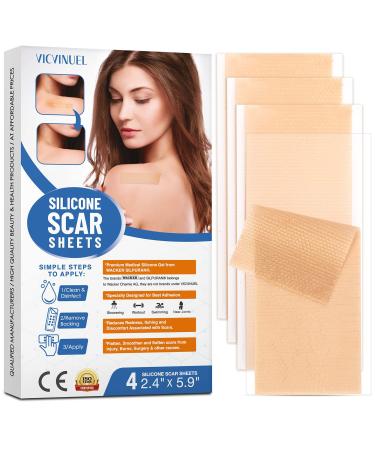 VICVINUEL Silicone Scar Sheets Special Design Sticks Super Well Reduces New Scars in 1 Month and Old in 3 6 Months Large Sheets Great Value 4 PCS(2.4 x 6 each)