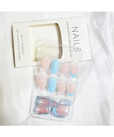 Blue French Tip Flower Design Press on Nails - Medium Almond Shape | Glossy Acrylic Stick on Nails for Women and Girls - Spring Nail Art - Buy Online on GoSupps.com