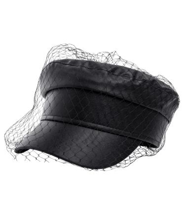 Beret Hats for Women PU Leather Newsboy Fiddler Cap with Veil Casual Baker Boy Captain Hat Newsboy-black Medium-Large