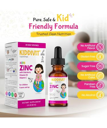 Kiddivit Zinc Kids Liquid Drops with Elderberry Vitamin D3 & C 30 Daily Servings 2 FL OZ (60 mL) Immune Support for Children Sugar Free Gluten Free Vegetarian - Buy Online on GoSupps.com
