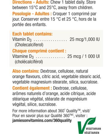 Jamieson Melatonin 5 mg Extra Strength - Chocolate Mint Flavour Fast Dissolving Tablets 100 Count (Pack of 1) & Chewable Vitamin D3 1 000 IU - Natural Tangy Orange 100 Count (Pack of 1) - Buy Online on GoSupps.com