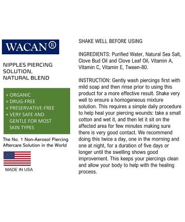 WACAN Fast-Healing Nipple Saline Solution for Piercings - Organic Drug-Free Aftercare with Natural Sea Salts, Clove & Vitamins - 4 Ounce (Pack of 1) - Buy Online on GoSupps.com