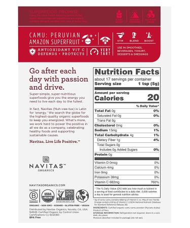 Navitas Organics Camu Camu Powder 3 oz. Bag - Organic, Non-GMO, Gluten-Free | 17 Servings - Buy Online on GoSupps.com