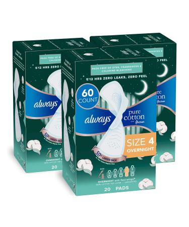 Always Pure Cotton with Flexfoam Pads, Size 4 Overnight Absorbency with Wings, 20 Count, Pack of 3