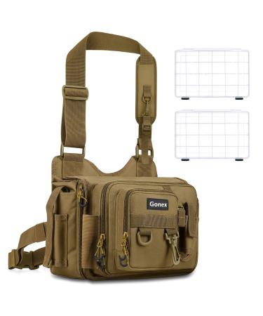 Gonex Fishing Tackle Backpack Storage Sling Bag- Fishing Backpack with 3600 Tackle Box Removable Shoulder Strap Rod Holder for Fly Fishing Hiking Hunting Men Women Khaki- with 2 tackle box