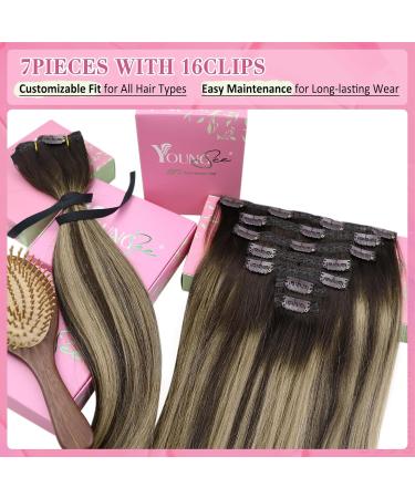 Youngsee Real Hair Extensions - Ombre Clip-In Balayage - Dark Brown to Ash Blonde - 35cm Human Hair - 120g (7 PCS) #4/18/4 - Buy Online on GoSupps.com