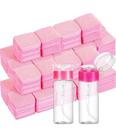 1000 Pcs Pink Lint Free Nail Wipes and 2 Pcs Nail Polish Remover Pump Dispenser Bottle Eyelash Extension Wipes Cotton Pads for Soak off Gel Polish Remover Acrylic Nail Remover