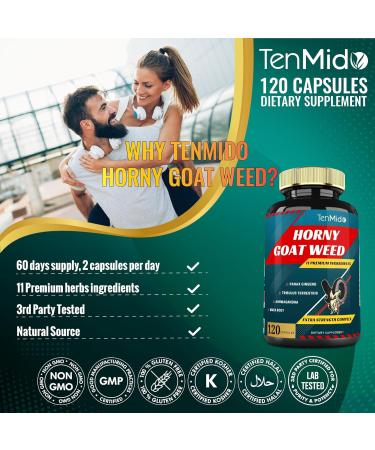 Tenmido Horny Goat Weed Extract Capsules 10000mg & Ginseng Tribulus Ashwagandha Maca Tongkat and More 120caps - Buy Online on GoSupps.com