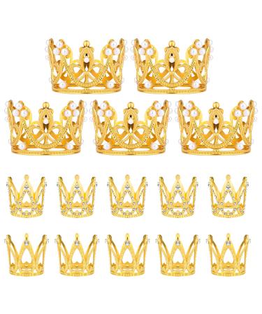15pcs Crown Cake Toppers 3 Styles Birthday Cake Toppers Crown Tiara Crown Cake Topper Rhinestone Crown Cake Topper for Boys & Girls (Gold)