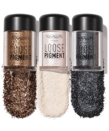 FOCALLURE 3 Pcs Mineral Eyeshadow Pigment Waterproof Loose Glitter Eyeshadow Long Lasting Sparkling Finish Eye Shadow with High-pigment Formula Easy to Create High-impact Eye Looks Smokey Metallics - Buy Online on GoSupps.com