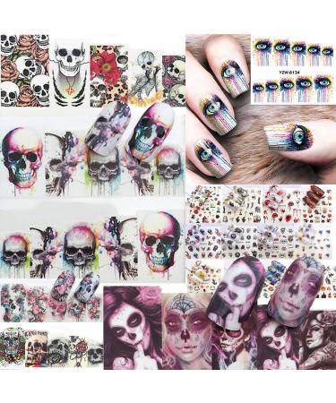 Nail Stickers Nail Art Accessories Decals 24 Sheets Ghost Skull Water Transfer Nail Art Stickers Halloween Gothic