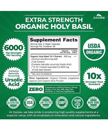 Zazzee USDA Organic Holy Basil 10:1 Extract 6000 mg Strength 120 Vegan Capsules Concentrated and Standardized 10X Tulsi Extract Ursolic Acid 100% Certified Organic Non-GMO - Buy Online on GoSupps.com