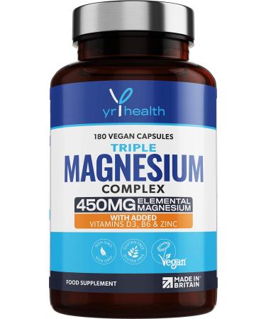 Vegan Magnesium Supplements with Zinc 180 Capsules Triple Magnesium Complex Supplement Plus Vitamin D B6 & Copper Vegan Society Registered Made in The UK by YrHealth