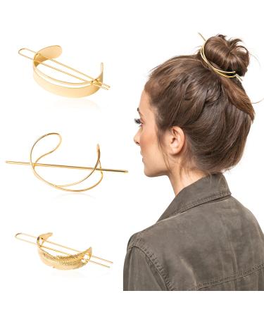 PANTIDE 3Pcs Hair Cuff Bun Cage Kit- Feather/Semicircle/X-Shaped High Polished Alloy Hair Accessories for Women, Vintage Hair Slide Pin with Stick, Simple Minimalist Metal Geometric Hair Clip(Gold)