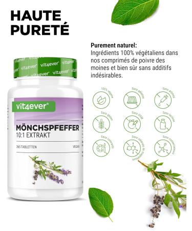 Poivre du moine - 365 comprim s - Hautement dos avec 20 mg d'extrait de poivre du moine de haute qualit (10:1) correspond 200 mg de poivre du moine pur (Vitex Agnus Castus) - Sans additif ind sir - Buy Online on GoSupps.com