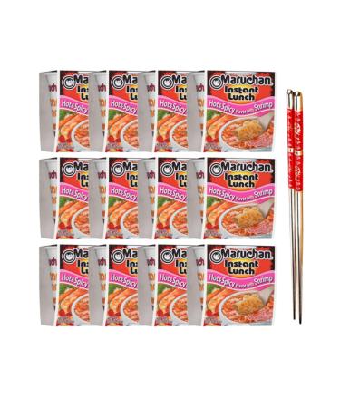 Ja Cor Instant Lunch Ramen Noodles Hot and Spicy with Shrimp Flavor Cup Noodle Soup Bowl 2.25 oz. Bulk Pack Bundle with 1-Set of Reusable Stainless Steel Chopsticks (12 Individual Packs)