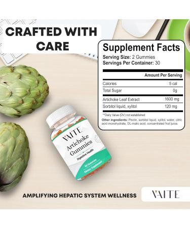 VAITE Artichoke Gummies - 1600mg Cynara Leaf Extract for Digestive Health & Antioxidant Support - Gluten-Free & Vegan - 60 Chews for Daily Cleanse & Skin Care - Buy Online on GoSupps.com